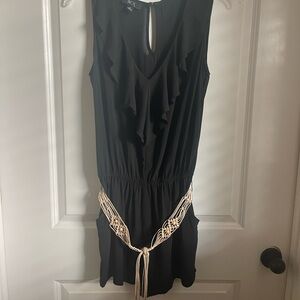 Black Ruffled Sleeveless Romper with Cream Belt